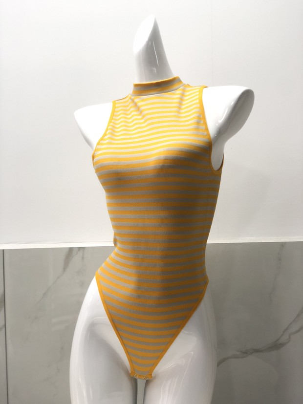 2019 new seamless female onesies sleeveless striped high collar slim underwear